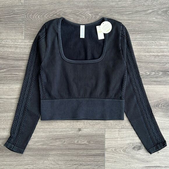 AERIE OFFLINE Seamless Square Neck Crop Top XL Cable Knit Ribbed Gray Gym NWT - Picture 1 of 9